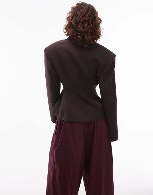 ASOS DESIGN tailored sculpted cinch waist zip up jacket in chocolate