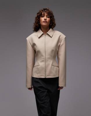 Asos Design Tailored Sculpted Cinch Waist Zip Up Jacket In Neutral