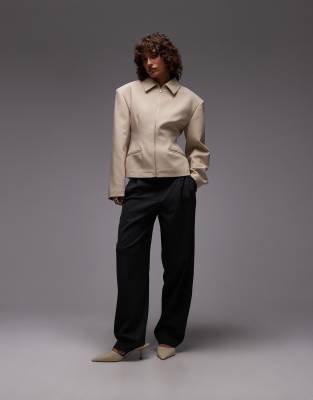 Asos Design Tailored Sculpted Cinch Waist Zip Up Jacket In Neutral