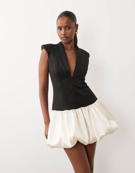ASOS DESIGN tailored sculpted mini dress with satin bubble hem in black and white - view 1