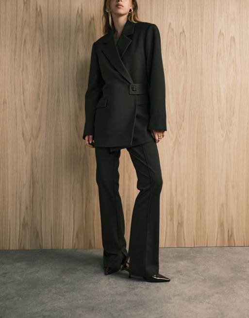 ASOS DESIGN tailored seam detail flare suit pants with slit hem in olive 