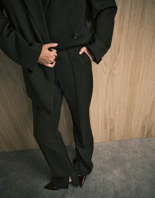 ASOS DESIGN tailored seam detail flare suit pants with slit hem in olive 