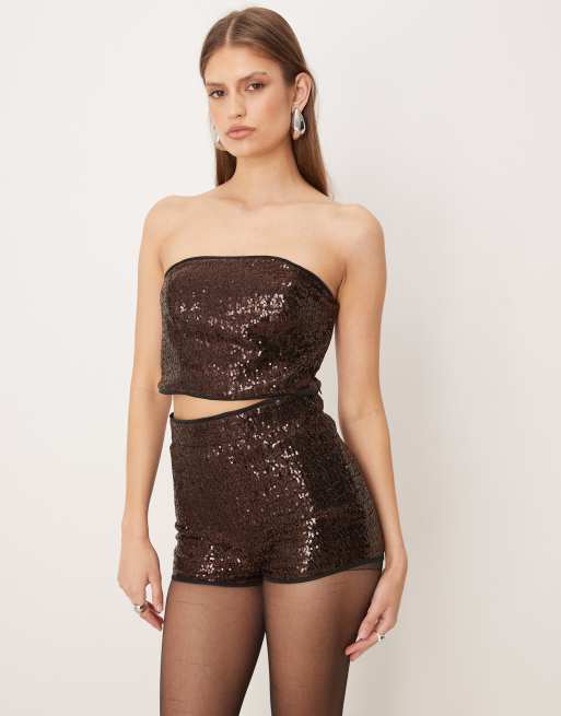 ASOS DESIGN tailored sequin micro short co-ord in chocolate, 4 of 4