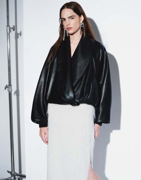 ASOS DESIGN Tailored shawl collar faux leather wrap bomber jacket in black - view 1