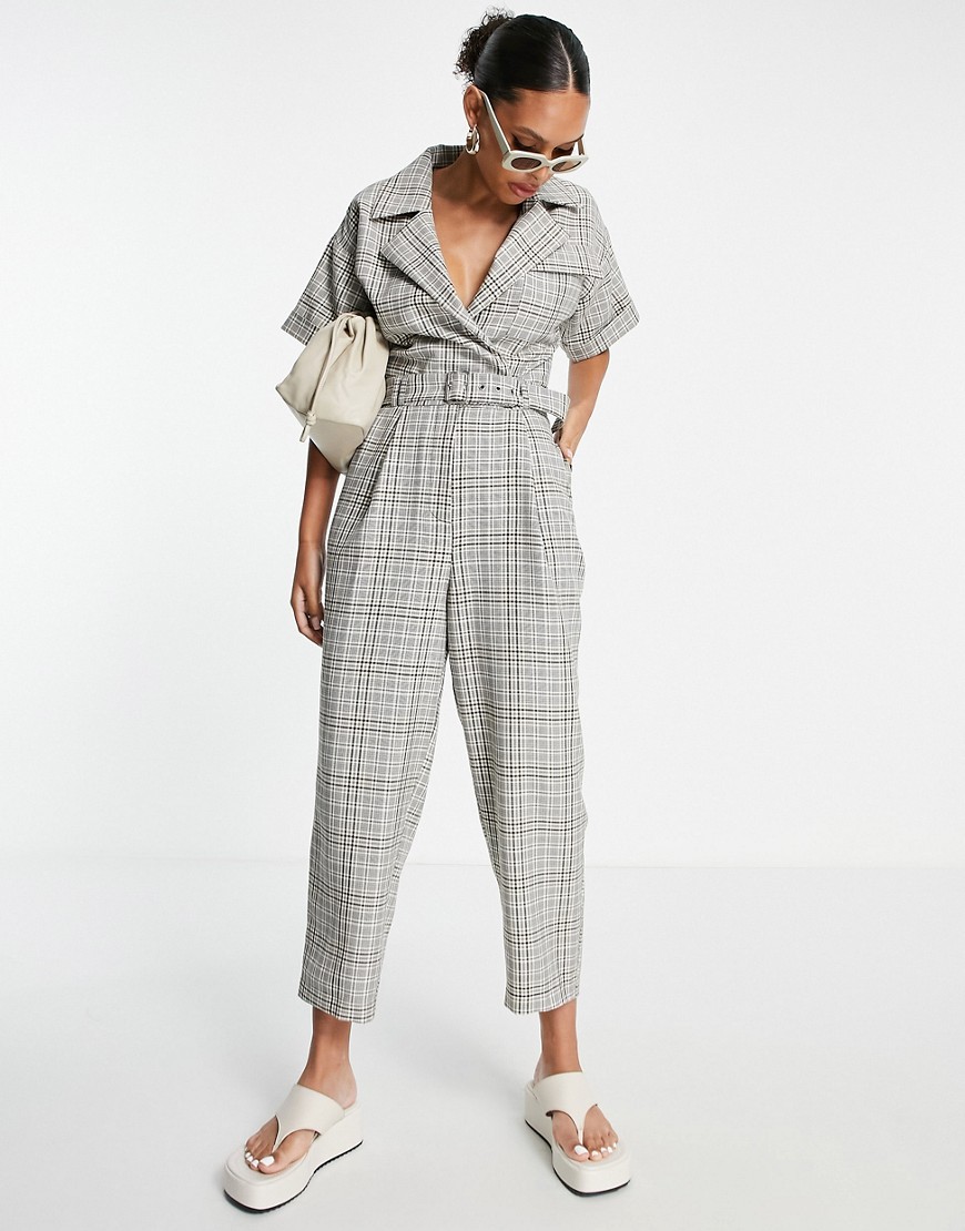 ASOS DESIGN tailored short sleeve belted jumpsuit in check print-Multi