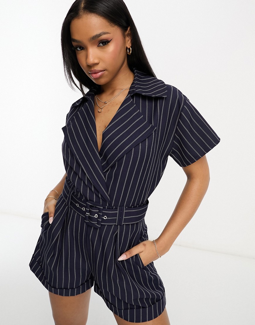 ASOS DESIGN tailored short sleeve belted playsuit in pinstripe-Navy