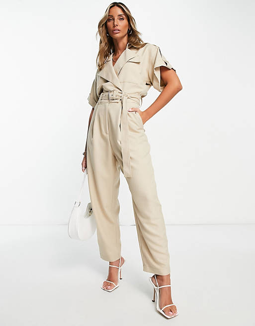 ASOS DESIGN tailored short sleeve tux belted jumpsuit in stone | ASOS