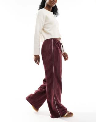 tailored side stripe pull on sweatpants in burgundy pinstripe