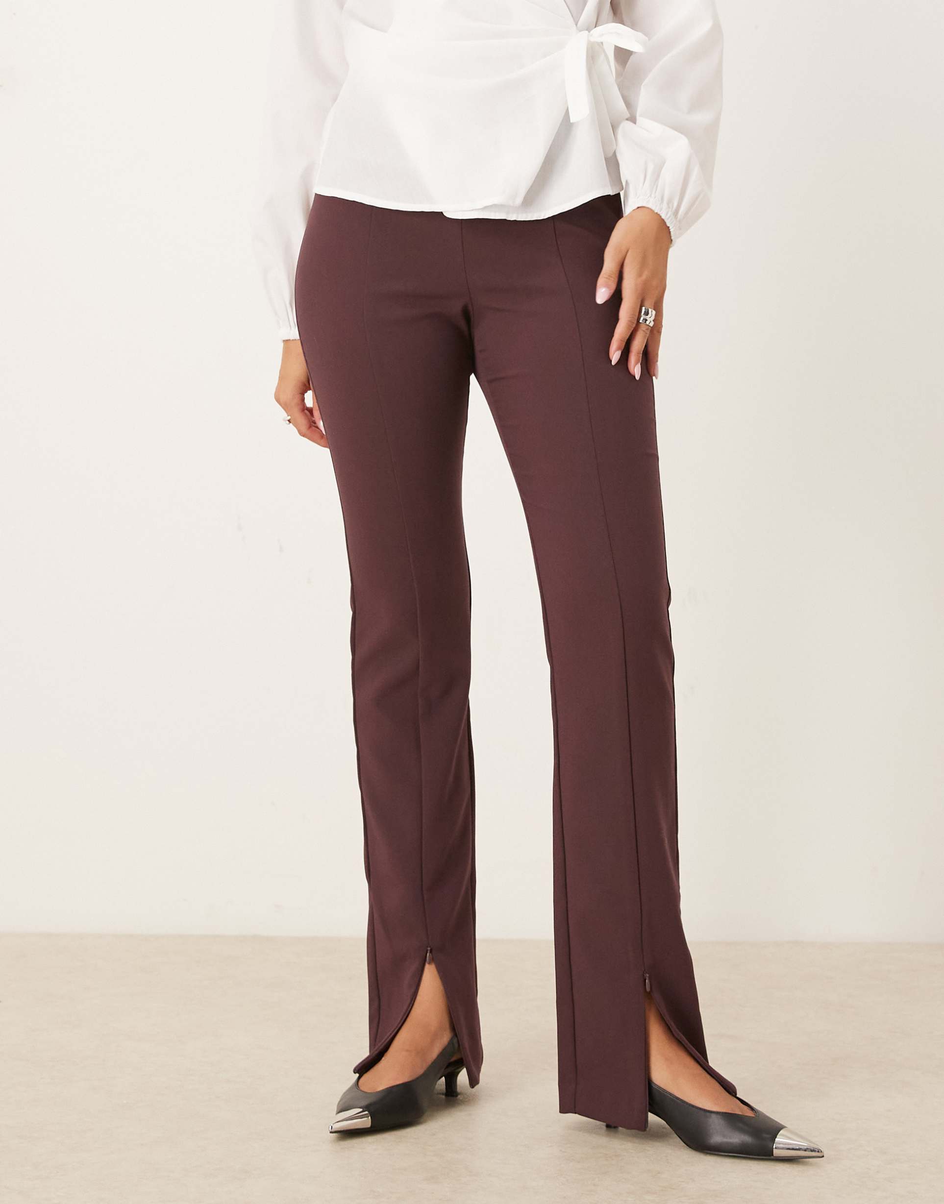 asos design tailored skinny pants with zip front detail in brown