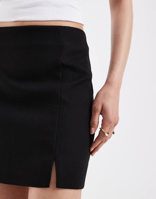 ASOS DESIGN tailored skirt with split in linen look texture in black, 4 of 5