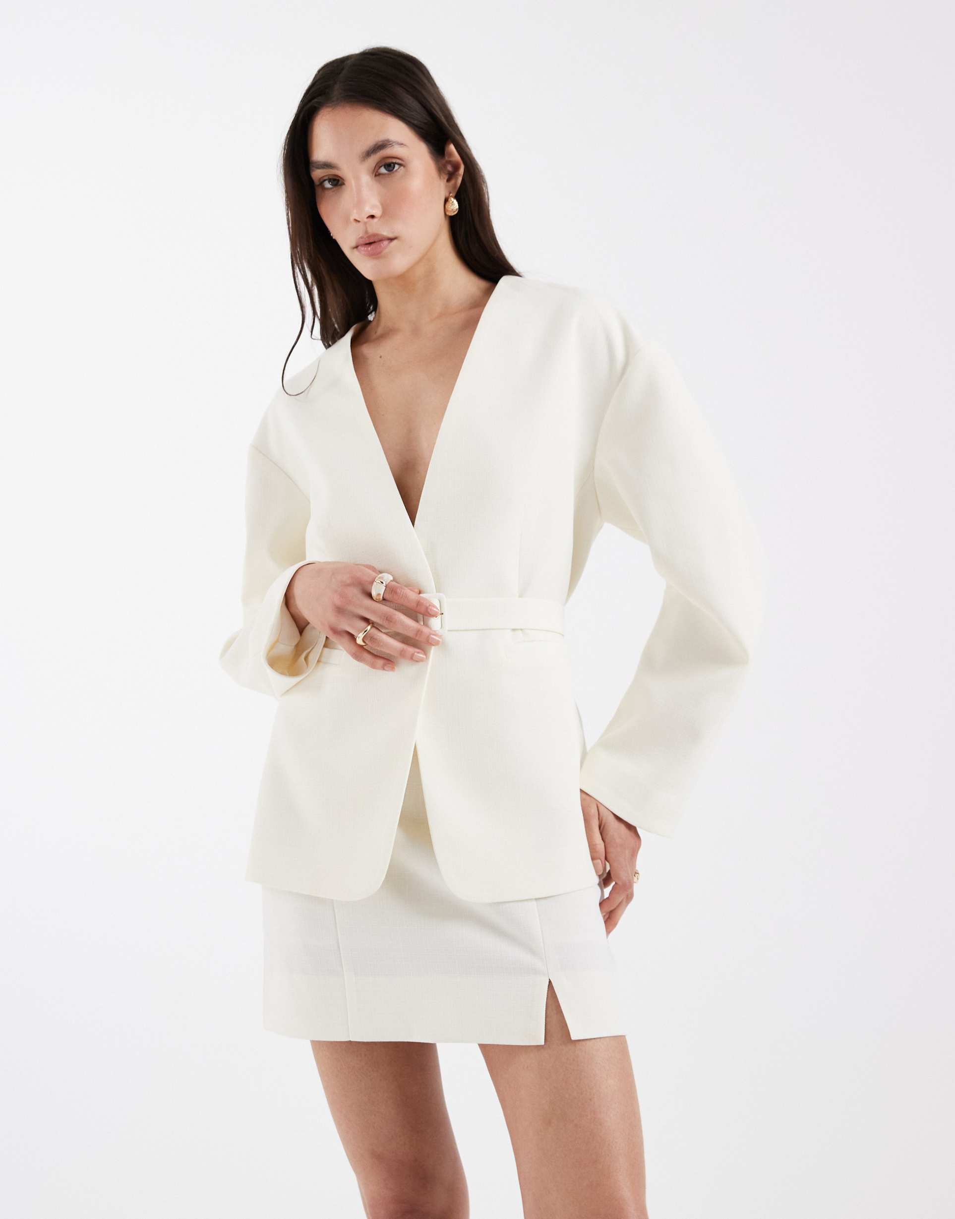 asos design tailored skirt with split in linen look texture in buttermilk