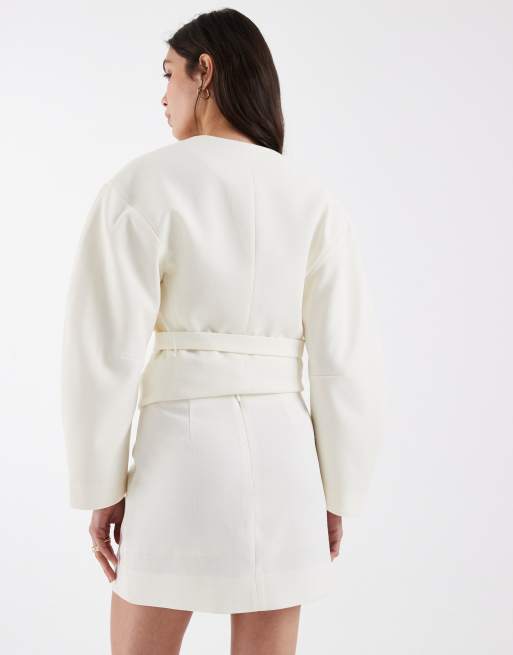 ASOS DESIGN tailored skirt with split in linen look texture in buttermilk, 3 of 5