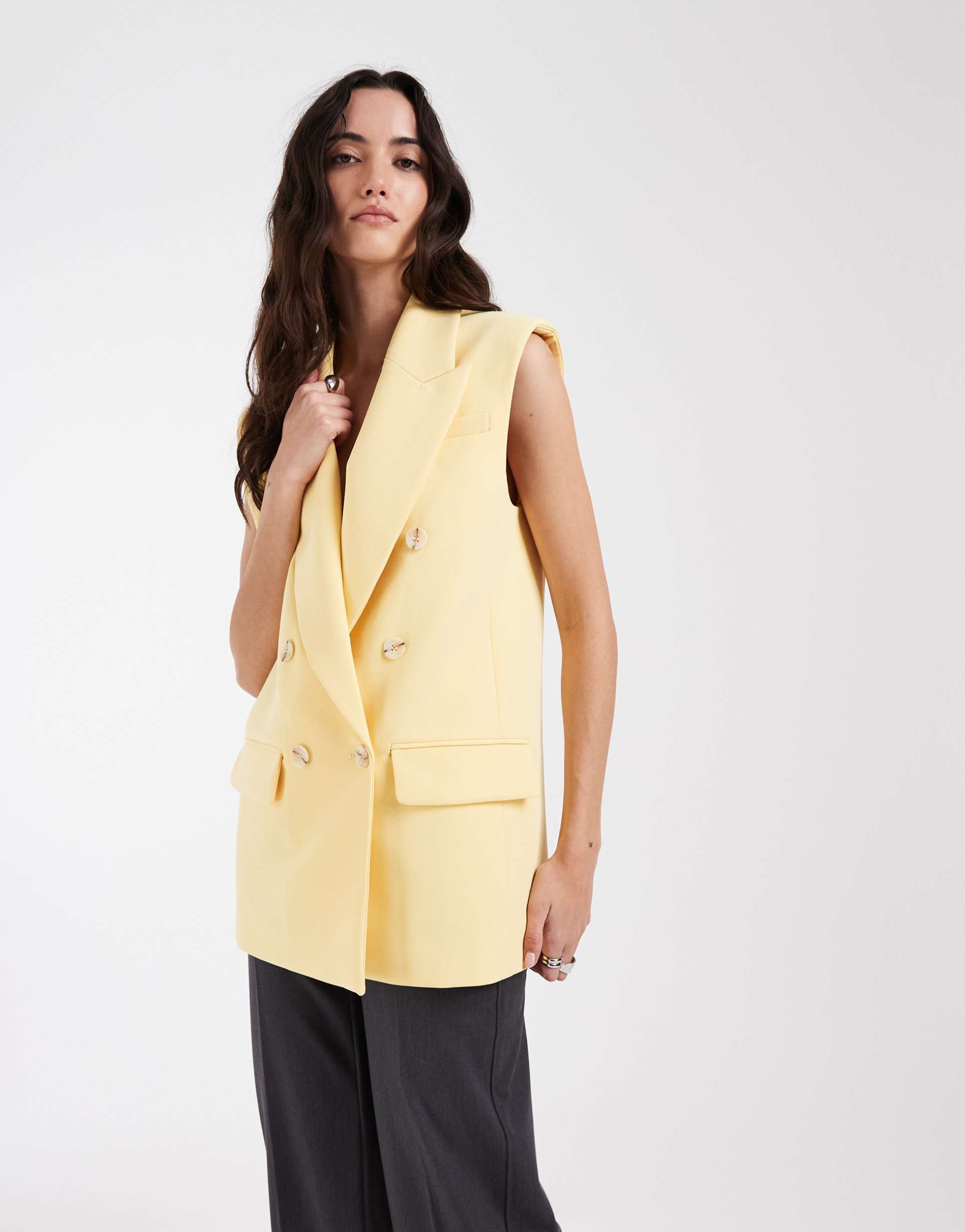 asos design tailored sleeveless double breasted power shoulder blazer in buttermilk yellow