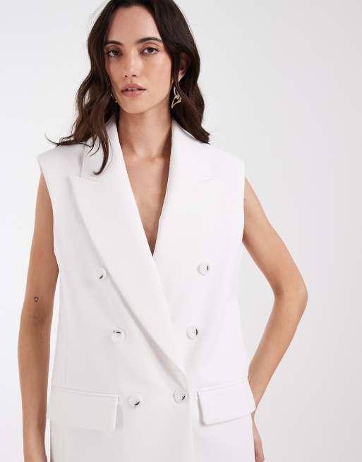 ASOS DESIGN tailored sleeveless double breasted power shoulder blazer in white, 4 of 4