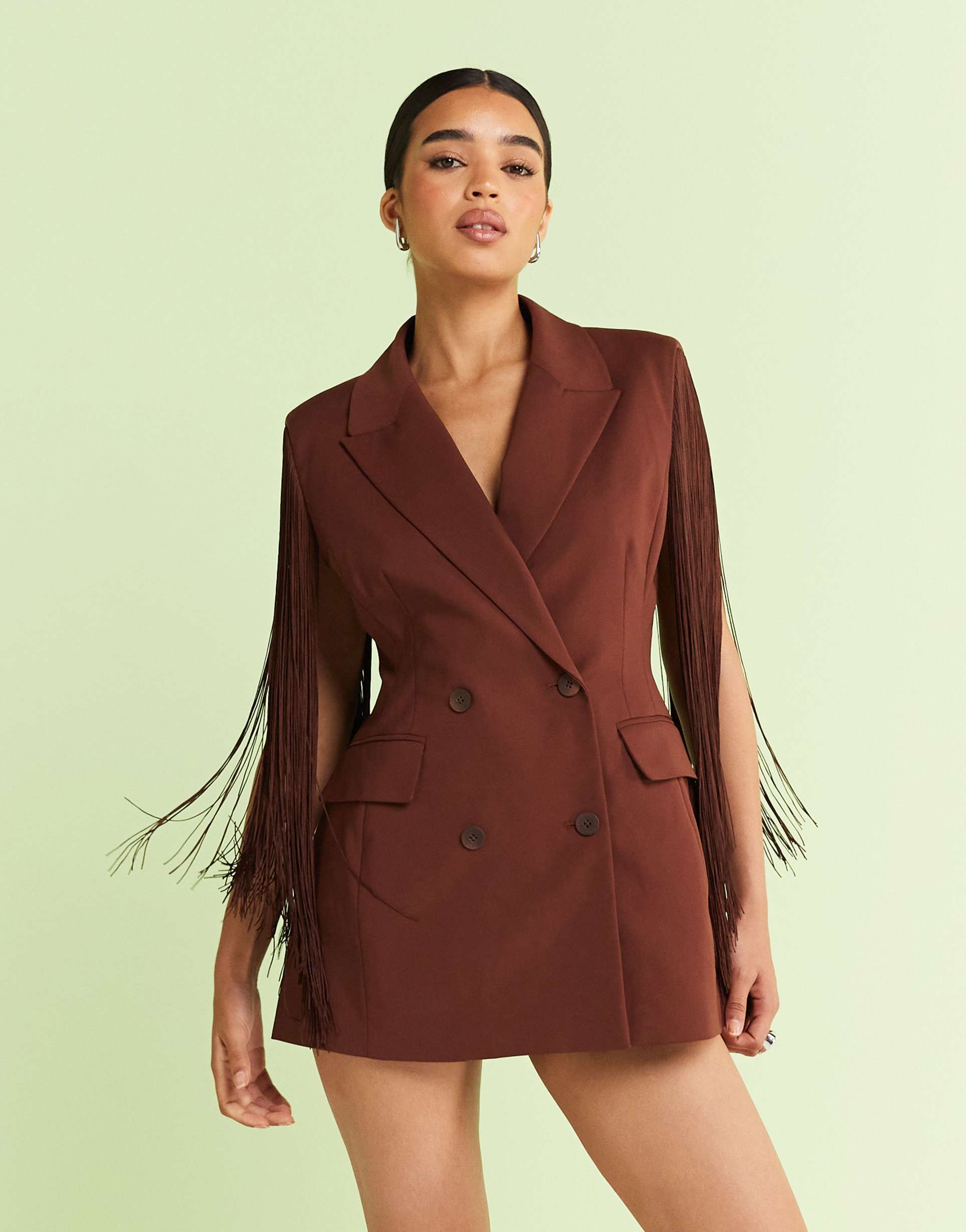 asos design tailored sleeveless molded hips blazer with fringe details in chocolate