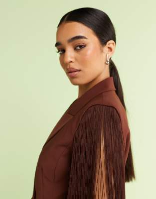 Asos Design Tailored Sleeveless Molded Hips Blazer With Fringe Details In Brown