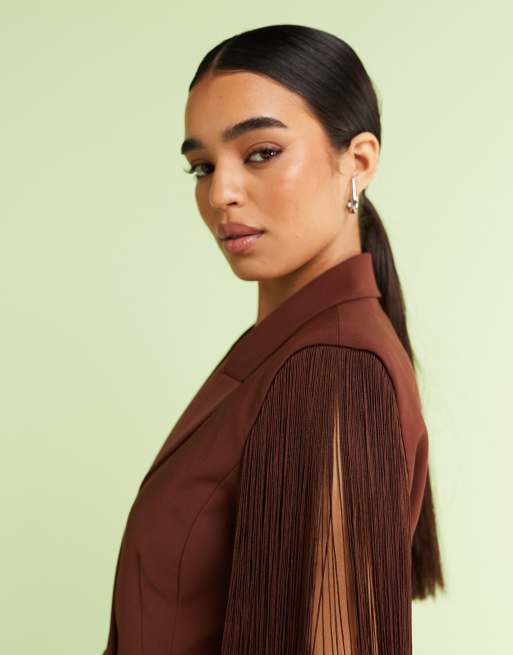ASOS DESIGN tailored sleeveless molded hips blazer with fringe details in chocolate, 2 of 4