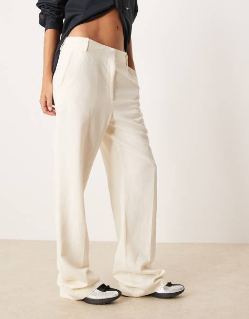 ASOS DESIGN tailored slim straight leg linen mix pants in cream