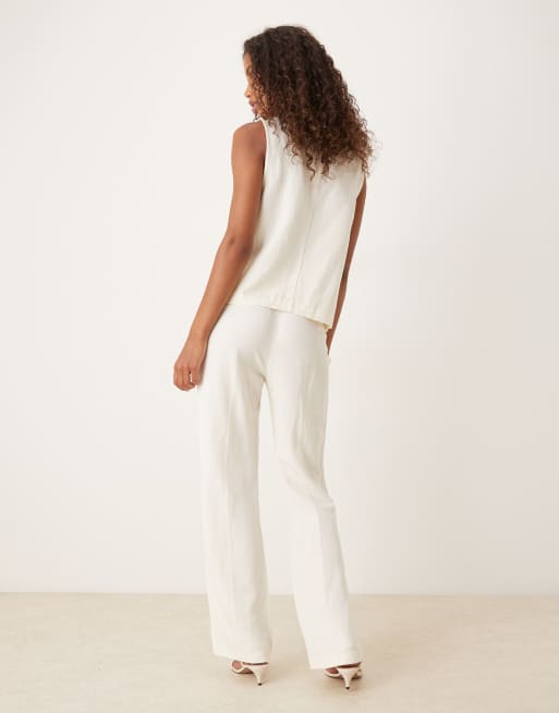 ASOS DESIGN tailored slim straight leg linen mix pants in cream, 3 of 5