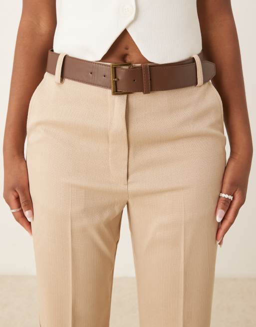 ASOS DESIGN tailored slim straight leg pants with PU belt in stone, 2 of 5
