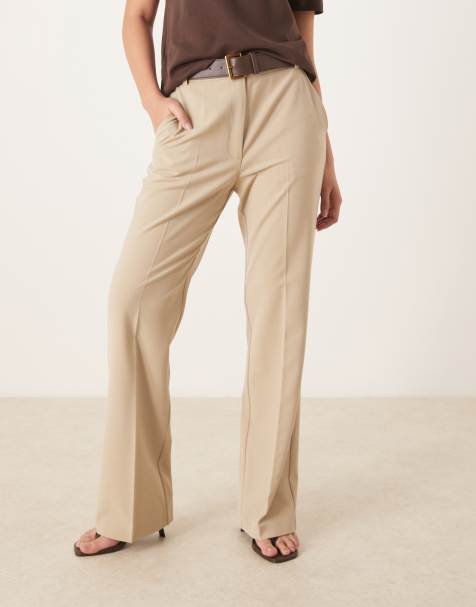 ASOS DESIGN tailored slim straight leg trousers with belt in neutral