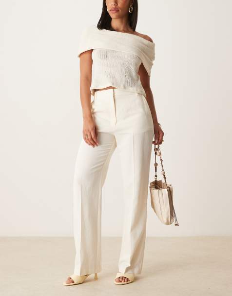 ASOS DESIGN tailored slim straight linen blend pants in cream - view 1
