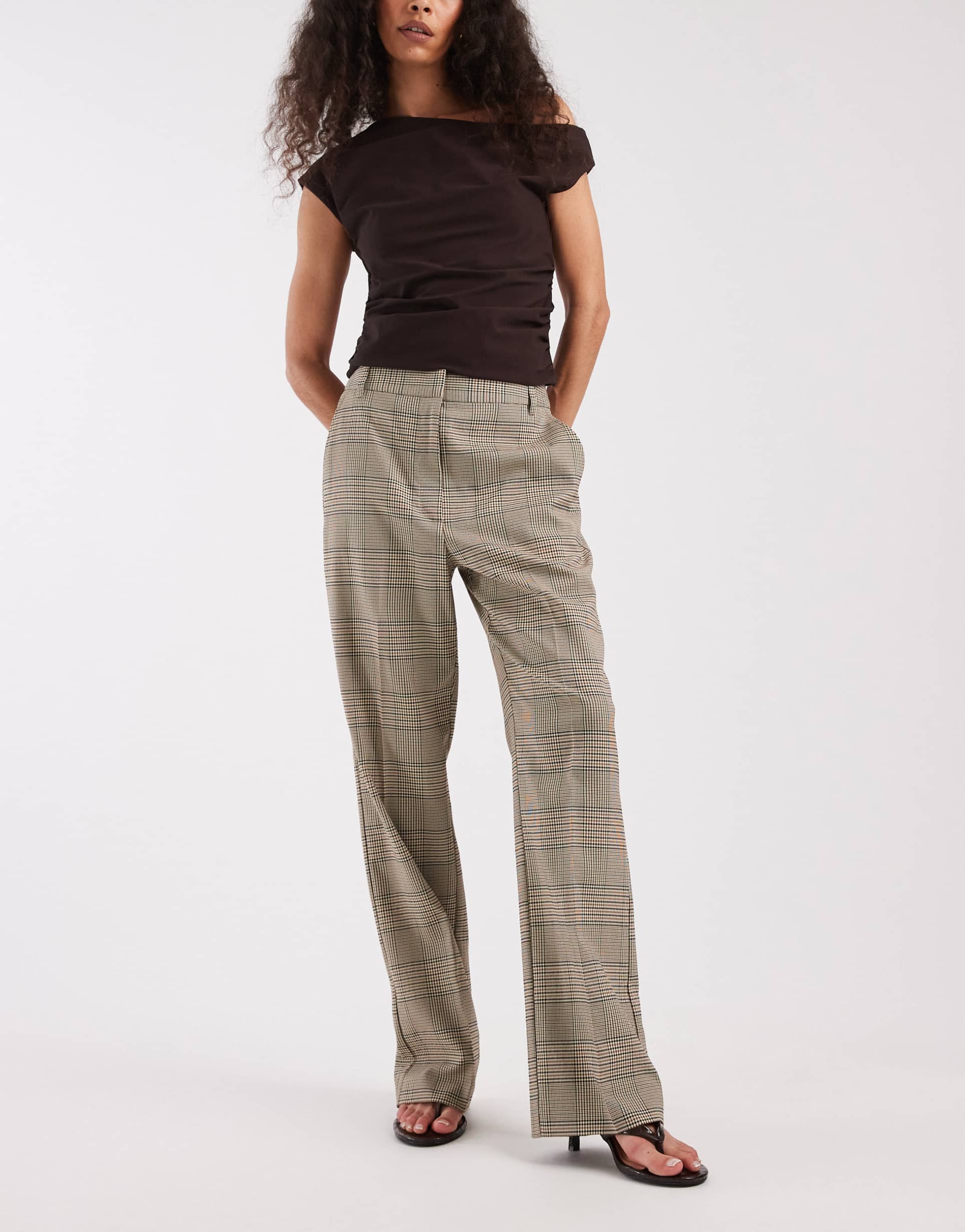 asos design tailored slim straight pants in brown plaid