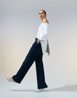 tailored slim straight pants in navy stripe