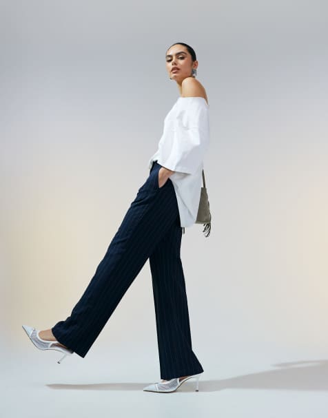 ASOS DESIGN tailored slim straight trousers in navy stripe