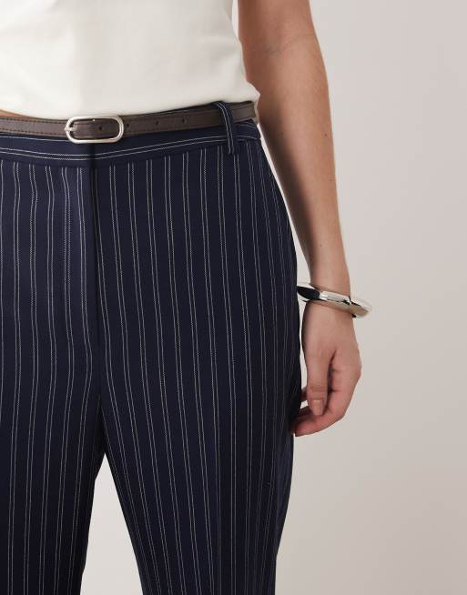 ASOS DESIGN tailored slim straight trousers in navy stripe, 3 of 5