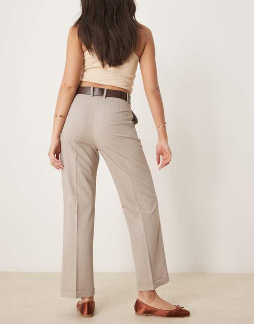 ASOS DESIGN tailored slim straight trousers with belt in mink stripe, 2 of 5