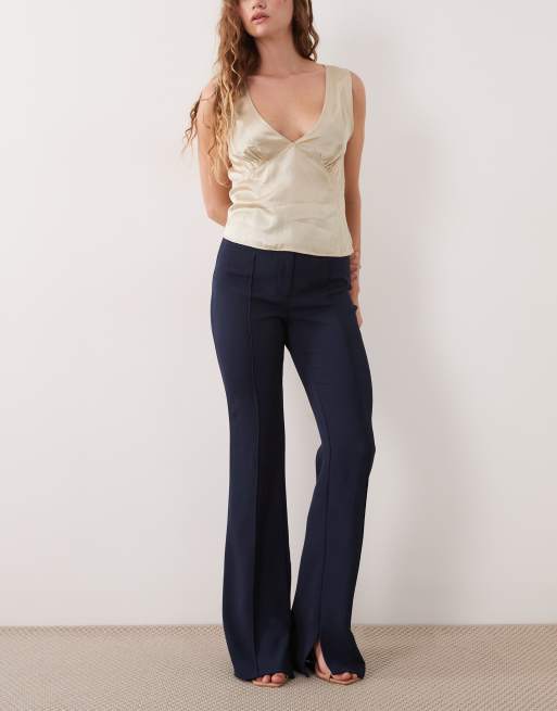 ASOS DESIGN Tailored slinky flare trousers in navy, 2 of 5