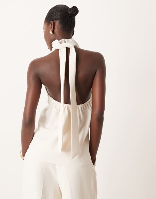 ASOS DESIGN tailored slinky halter neck top co-ord in cream, 3 of 4