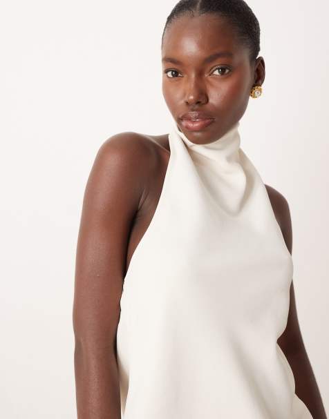 ASOS DESIGN tailored slinky halter neck top in cream (Part of a set) - view 1
