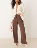 [ASOS DESIGN] ASOS DESIGN tailored slinky wide leg pants with wrap pleat detail in chocolate-Neutral 12 Chocolate