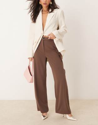 ASOS DESIGN tailored slinky wide leg trousers with wrap pleat detail in brown-Neutral