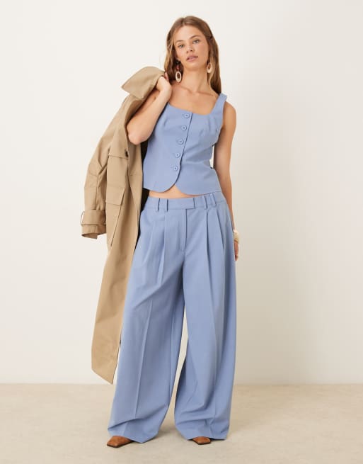 ASOS DESIGN tailored slouchy pleated super wide leg suit pants in blue