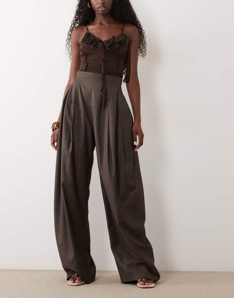 ASOS DESIGN Tailored snatch waist wide leg pants in dark brown - view 1