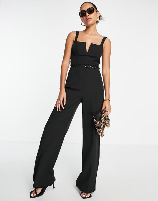 ASOS LUXE Curve kick flare jumpsuit with textured tie shoulder detail in  black