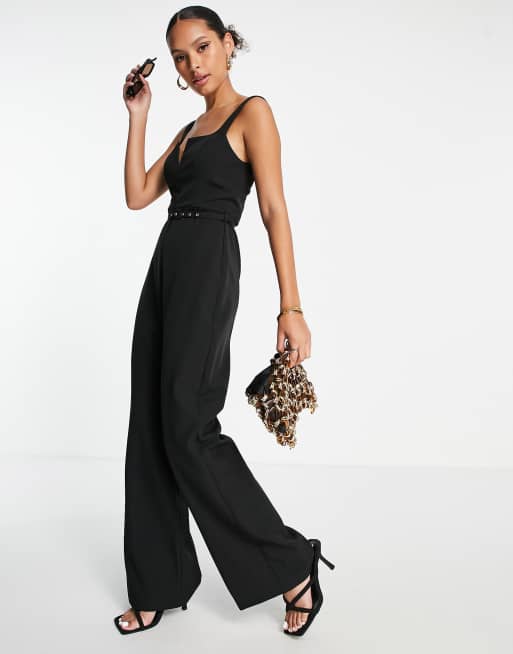 ASOS LUXE kick flare jumpsuit with textured tie shoulder detail in black, ASOS