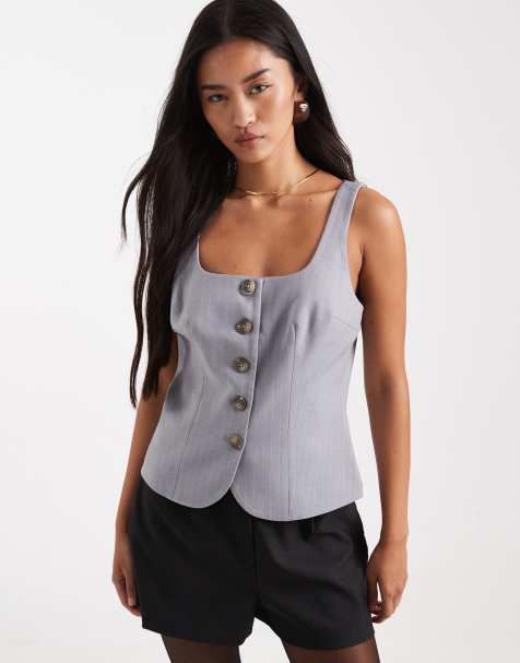 ASOS DESIGN tailored square neck structured vest in light gray stripe - view 1