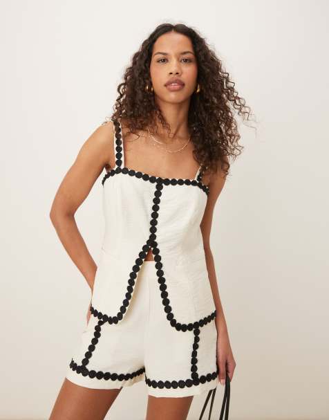 ASOS DESIGN tailored square neck top with rik rak trim co-ord in white - view 1