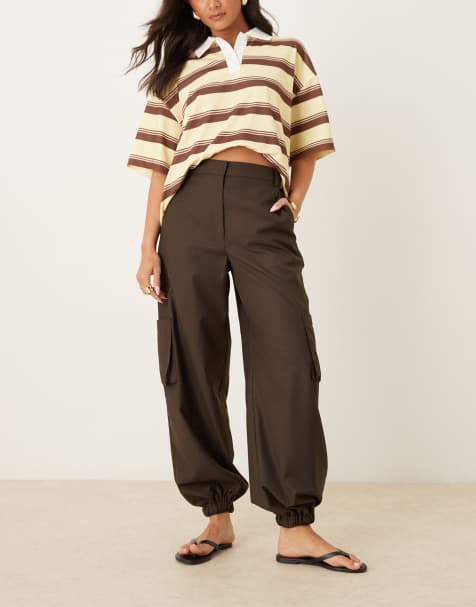 ASOS DESIGN tailored straight leg pants with cuff and utility pocket detail in chocolate - view 1