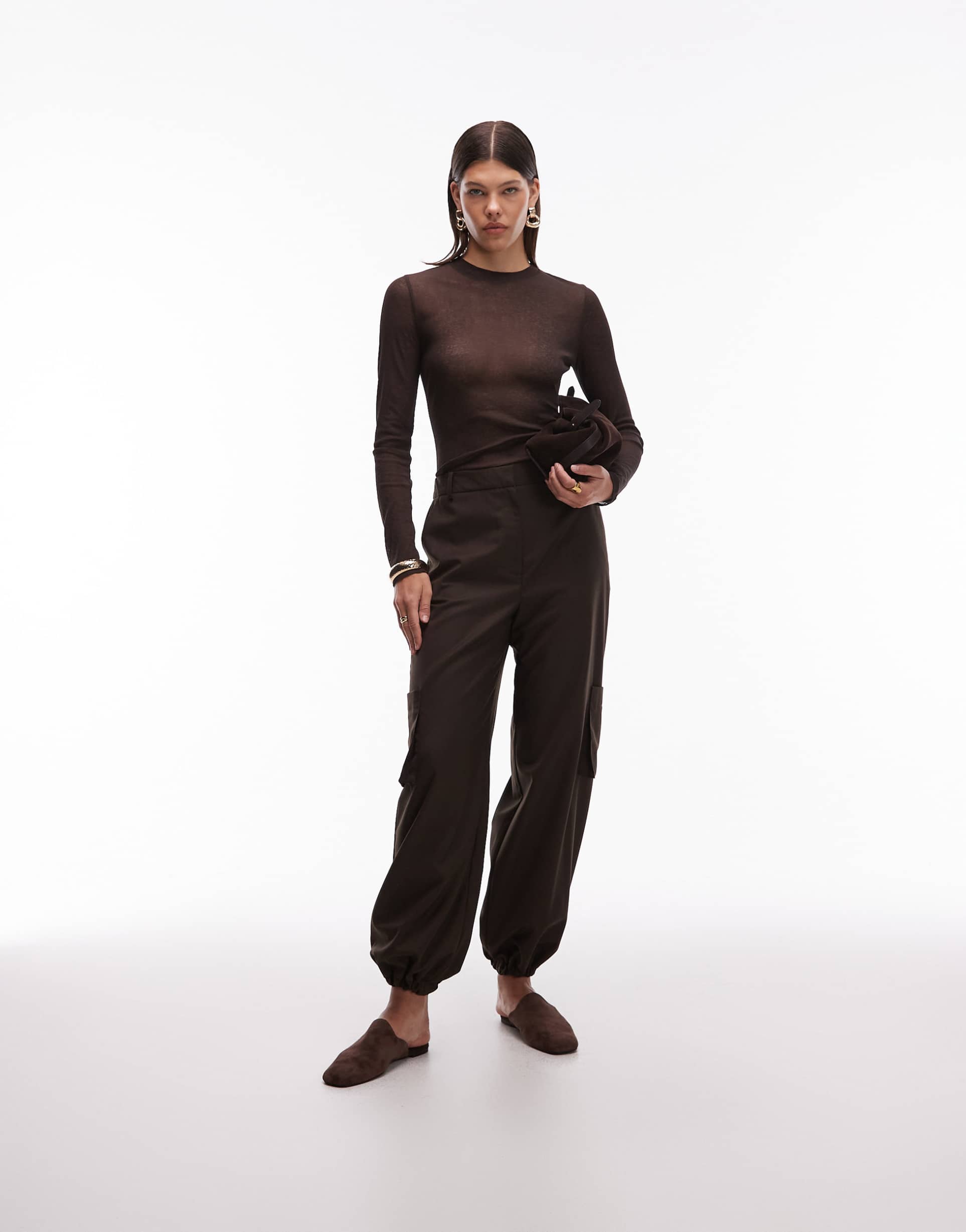 asos design tailored straight leg pants with cuff and utility pocket detail in chocolate