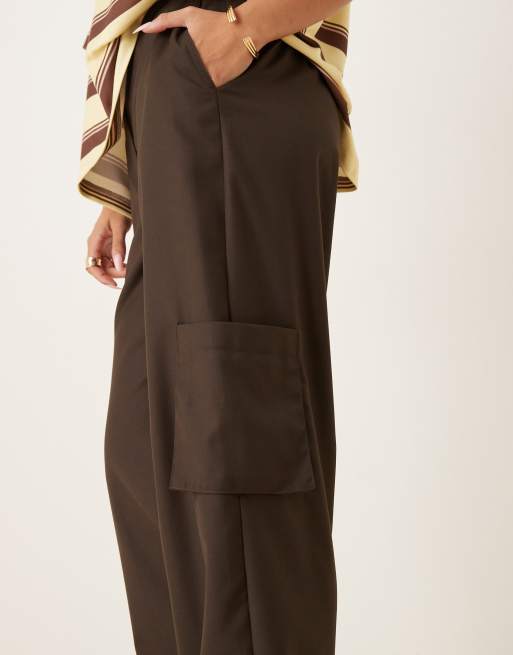 ASOS DESIGN tailored straight leg pants with cuff and utility pocket detail in chocolate