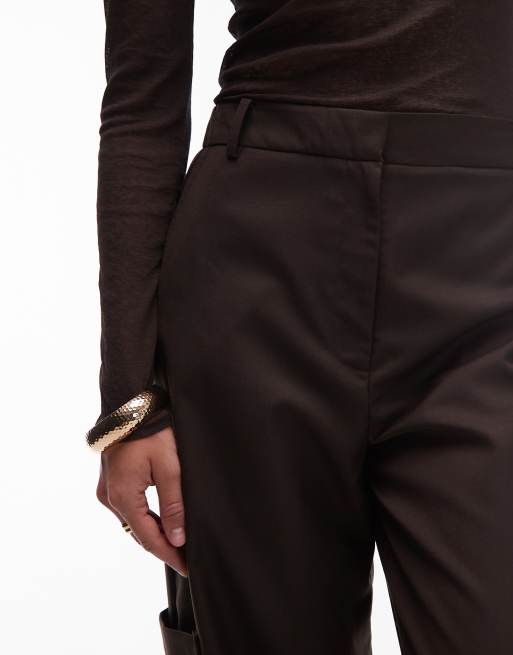 ASOS DESIGN tailored straight leg pants with cuff and utility pocket detail in chocolate, 4 of 5
