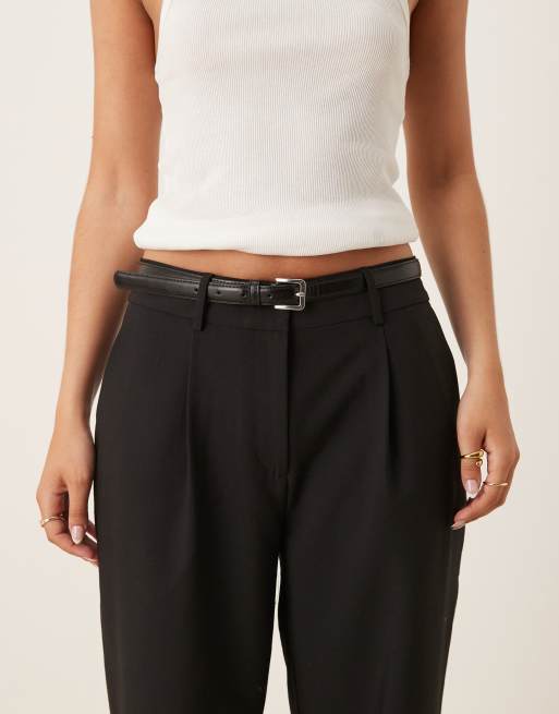 ASOS DESIGN tailored straight leg pants with faux leather belt in black, 4 of 5