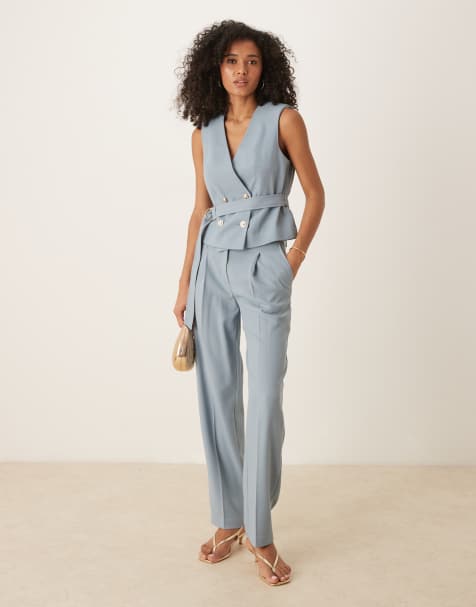 ASOS DESIGN tailored straight leg trousers with gold button detail co-ord in blue