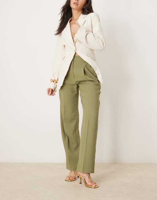 ASOS DESIGN tailored straight leg pants with gold button detail in khaki green, 2 of 5