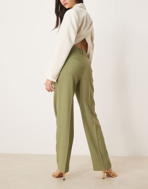 ASOS DESIGN tailored straight leg pants with gold button detail in khaki, 4 of 5